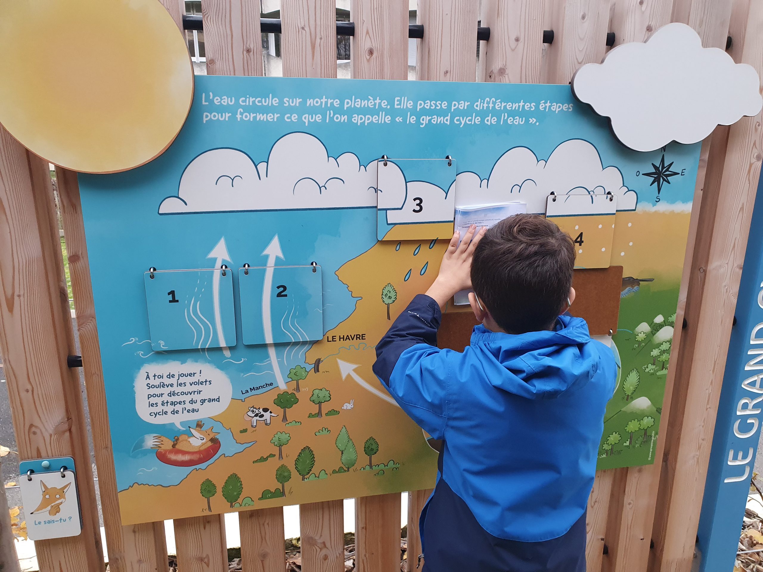 Enfant jouant avec tableau pédagogique