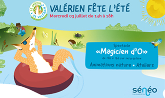 Valérien, le renard mascotte de Sénéo célèbre l’été, la saison de la fructification, le mercredi 3 juillet après-midi.
